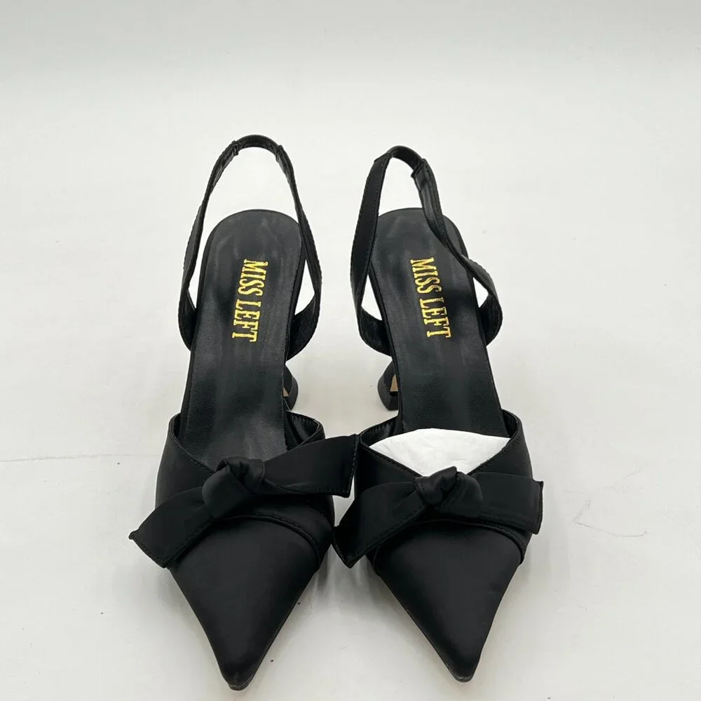 Miss Left Black Pointed Toe Slingback Pumps Bowknots Slip On Backstrap Sandals - Picture 3 of 8